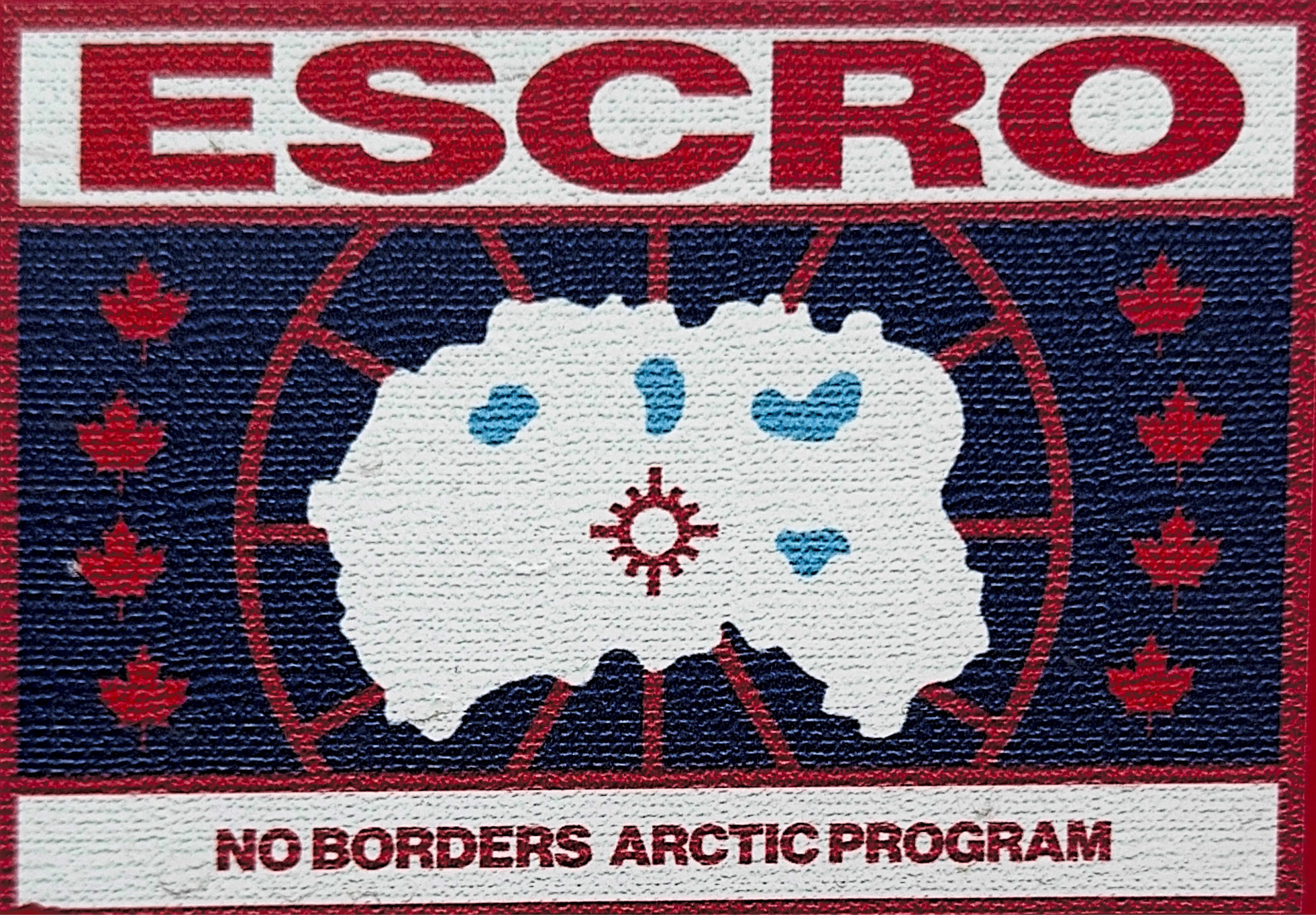 A white map of the Arctic over a red polar grid on a dark navy field, flanked by red maple leaves, with a red compass rose at the centre and the words ESCRO and No Borders Arctic Program.